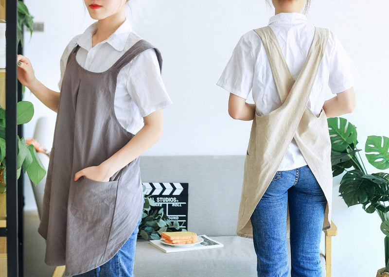 losofar Soft Cotton Linen Apron Cross Back X-Shaped Japanese Style Pinafore Dress for Cooking, Housewarming, Daily Chores (grey, (28.3"x 35.4")) - Image 2